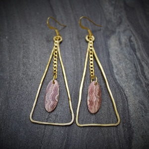 Rhodochrosite earrings, oval stone earrings, greek earrings, raw stone earrings,  teardrop stone earrings, triangle earrings
