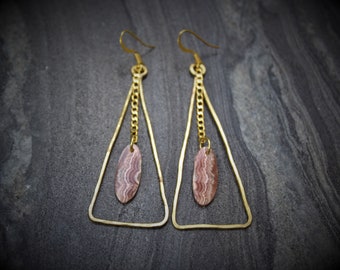 Rhodochrosite earrings, oval stone earrings, greek earrings, raw stone earrings,  teardrop stone earrings, triangle earrings