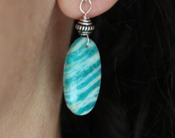 Amazonite earrings, rhodochrosite earrings, Oval stone earrings, raw amazonite earrings, raw stone earrings, march birthstone earrings