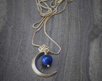 Crescent moon pendant, Moon necklace, sterling silver moon pendant, Minimalist moon pendant, sterling silver pendant, summer lapis pendant,