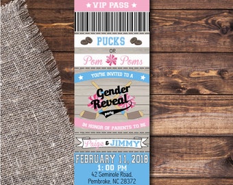 Hockey Gender Reveal Invitation, Pucks or Pom-Poms Ticket Invite, Boy or Girl Party (Personalized Digital File)