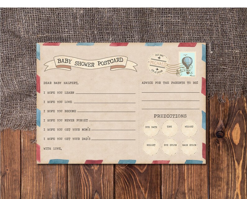 May include: A vintage-style baby shower postcard with a blue and red border. The postcard has a section for advice for the parents to be and a section for predictions about the baby, including due date, time, weight, height, eye colour, and hair colour.