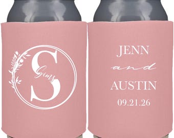 Floral Monogram Wedding Can Coolers, Personalized Wedding Favors