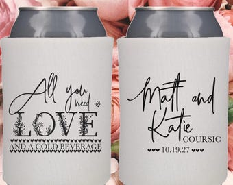 Floral Heart Wedding Can Coolers, Personalized Wedding Favors