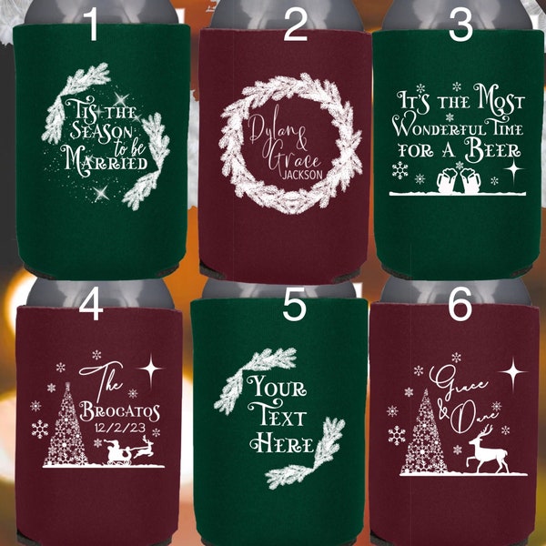 Christmas Wedding Can Coolers - Winter Wedding Can Coolers- Personalized- Custom - Christmas  Winter Party Favors, Beverage Insulators