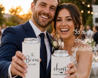 Slim & Regular Custom Wedding Can Coolers, Personalized Cozies, Monogrammed Wedding Favors