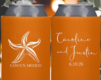 Starfish Minimalist Beach Destination Wedding Custom Can Coolers-Personalized Wedding Favors Florida Cancun Mexico