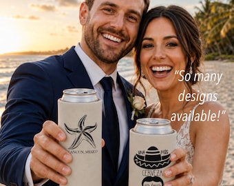 Slim & Regular Custom Wedding Can Coolers for Beach Destination Wedding, Personalized Cozies, Wedding Favors