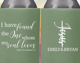 Christian Wedding Jesus Bible Verse Found the One My Soul - Wedding Can Cooler - Personalized Custom Wedding Favors, Beverage Insulators