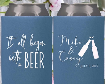 Personalized Wedding Can Coolers, "It All Began with a Beer", Wedding Favors