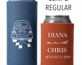 Just Married Slim & Regular Custom Wedding Can Coolers, Personalized Cousys Wedding Favors