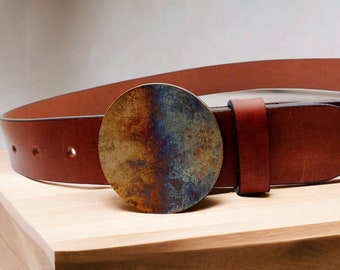 Round rustic 2 tone belt buckle made from stainless steel, handmade men womens accessories,a perfect gift for him her. Fits 1 1/2 inch belt.