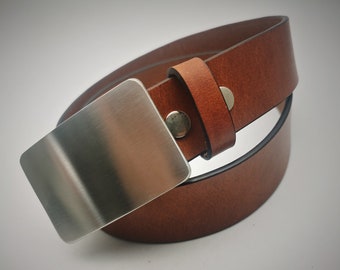 Leather Belt with Stainless Steel Buckle in Brushed Finish - 1.5" Wide Black or Brown Belt - Men's Sizes XS S M L XL XXL