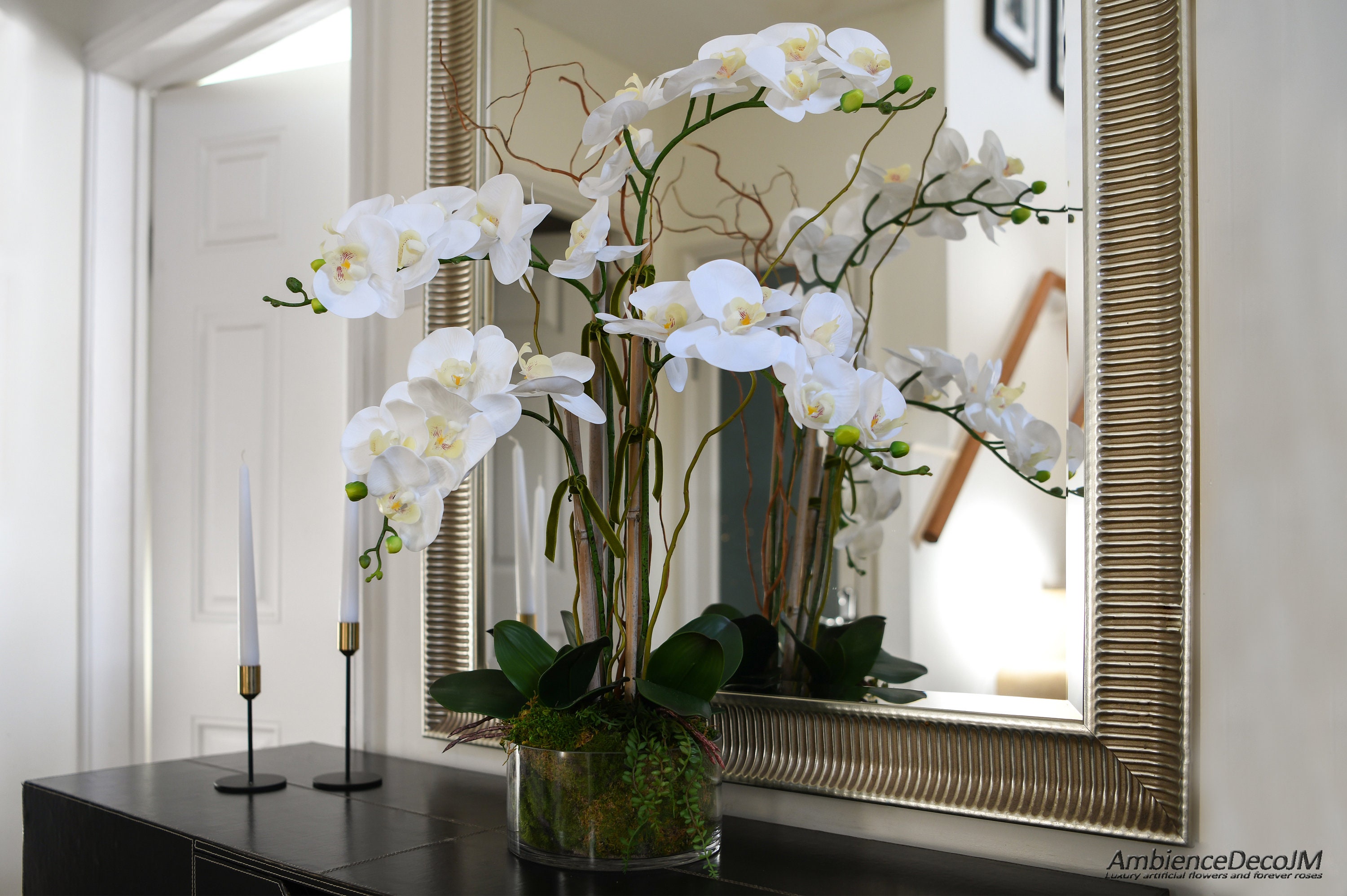 Double Phalaenopsis Orchid display dressed with curly willow and moss by  Green Bouquet Floral Design