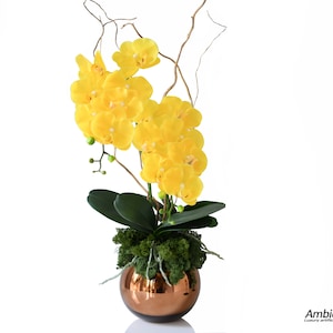 Luxury Yellow Orchid Arrangement: Real Touch Artificial Flowers in Gold Vase