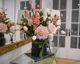 Real Touch Rose Arrangement: Silk Spring Flowers in Hat Box