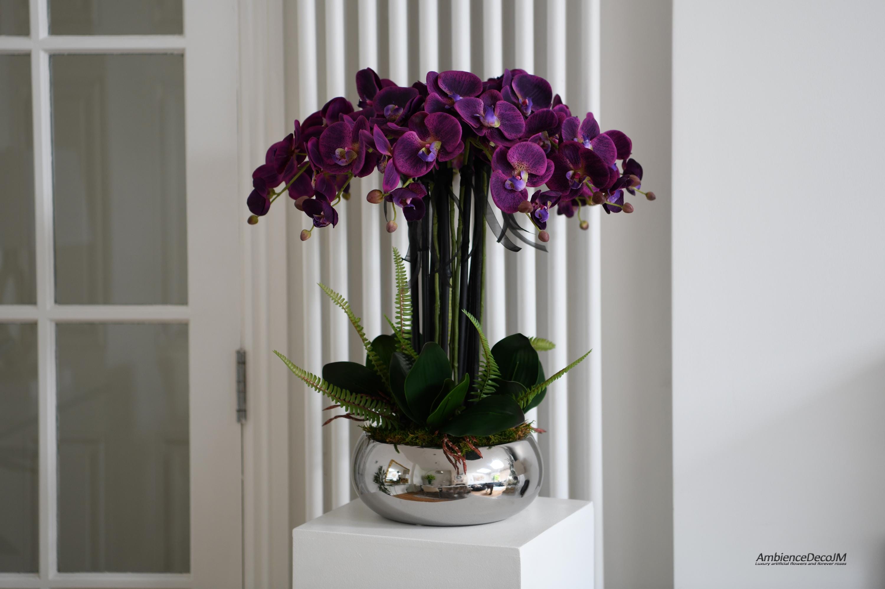 Purple Orchid Arrangement in a Silver Vase silk Flower Arrangement 