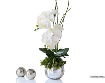Real touch orchid centerpiece. Lifelike orchids in vase. Luxury artificial orchid arrangement