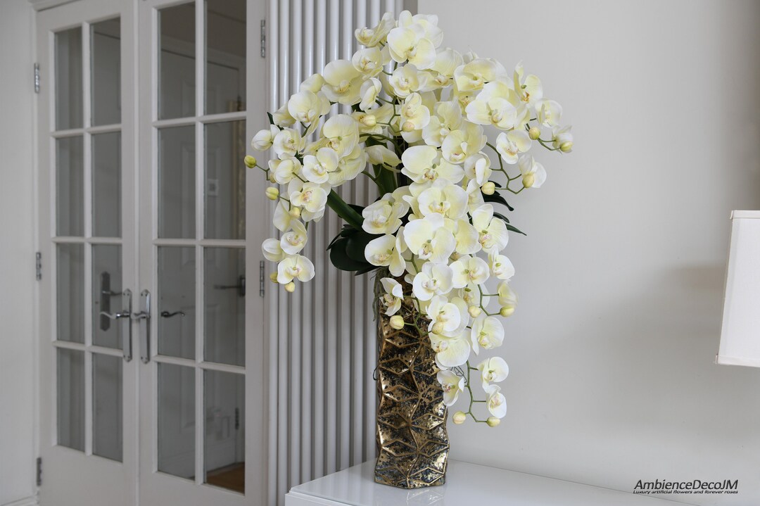 Real Touch Cream Orchid Arrangement in a Designed Metal Vase. Faux ...