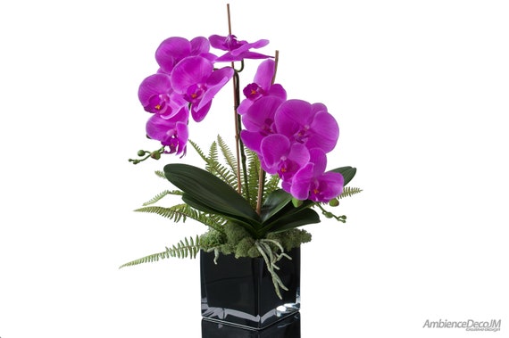 Hot Pink Artificial Orchids in a Black Cube Vase, Faux Orchid