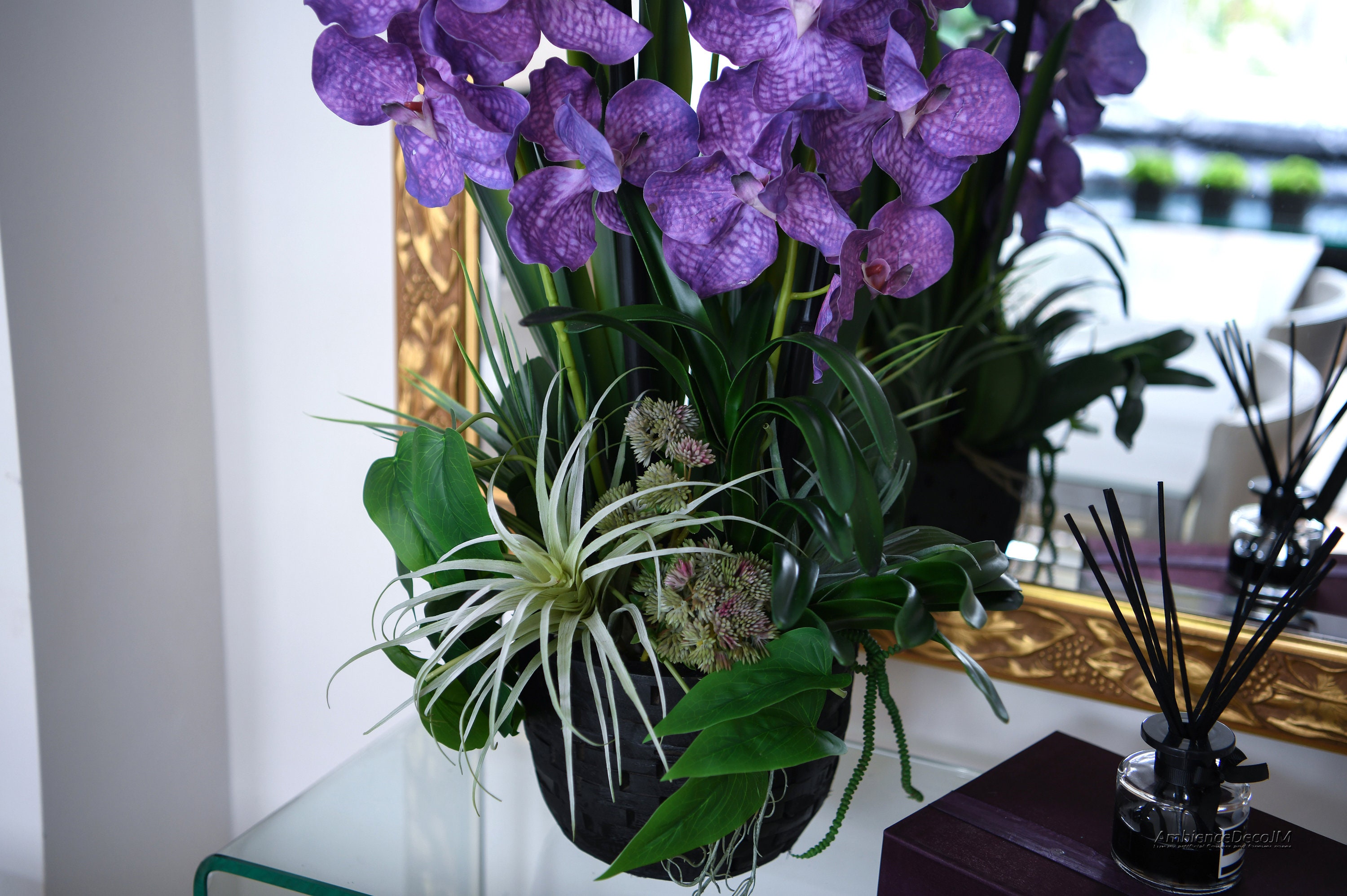 Artificial Vanda Orchid Arrangement. Vanda Orchids in Black Design Pot. 