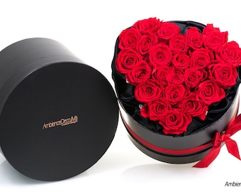 Rosas rojas eternas en caja con forma de corazón, regalo de aniversario