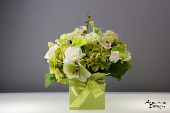 Silk Flower Arrangement Artificial Flowers In Lime Green Etsy