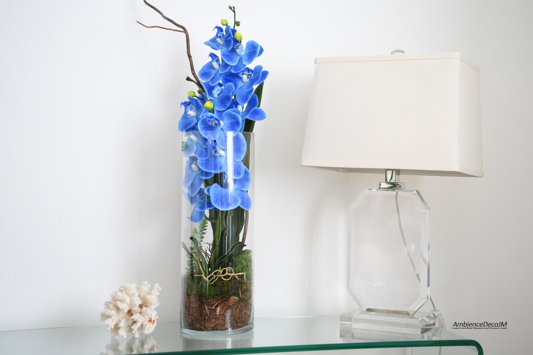 Blue Orchids in a Cylinder Vase Luxury Artificial Orchid Cylinder Etsy