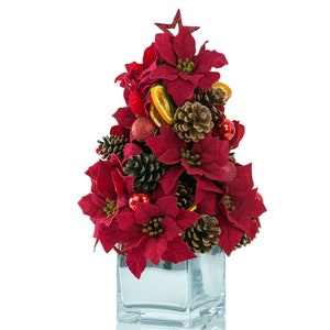Red Poinsettia Christmas Topiary Tree: Holiday Centerpiece
