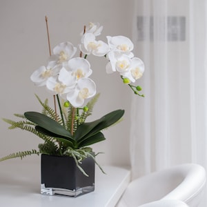 White Faux Orchid Plant in Black Cube Vase: Lifelike Floral Arrangement