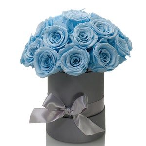 Blue Preserved Roses in Hat Box: Long Lasting Gift
