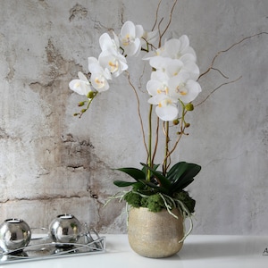 Artificial orchid centerpiece- Fake orchid arrangement - Real touch orchids in a golden pot