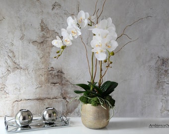 Artificial orchid centerpiece- Fake orchid arrangement - Real touch orchids in a golden pot