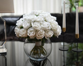 Artificial White Rose Centerpiece: Silk Flowers in Fishbowl Vase