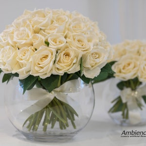 Silk Flower  Arrangement. Rose centrepiece. Silk Ivory white roses in a fishbowl