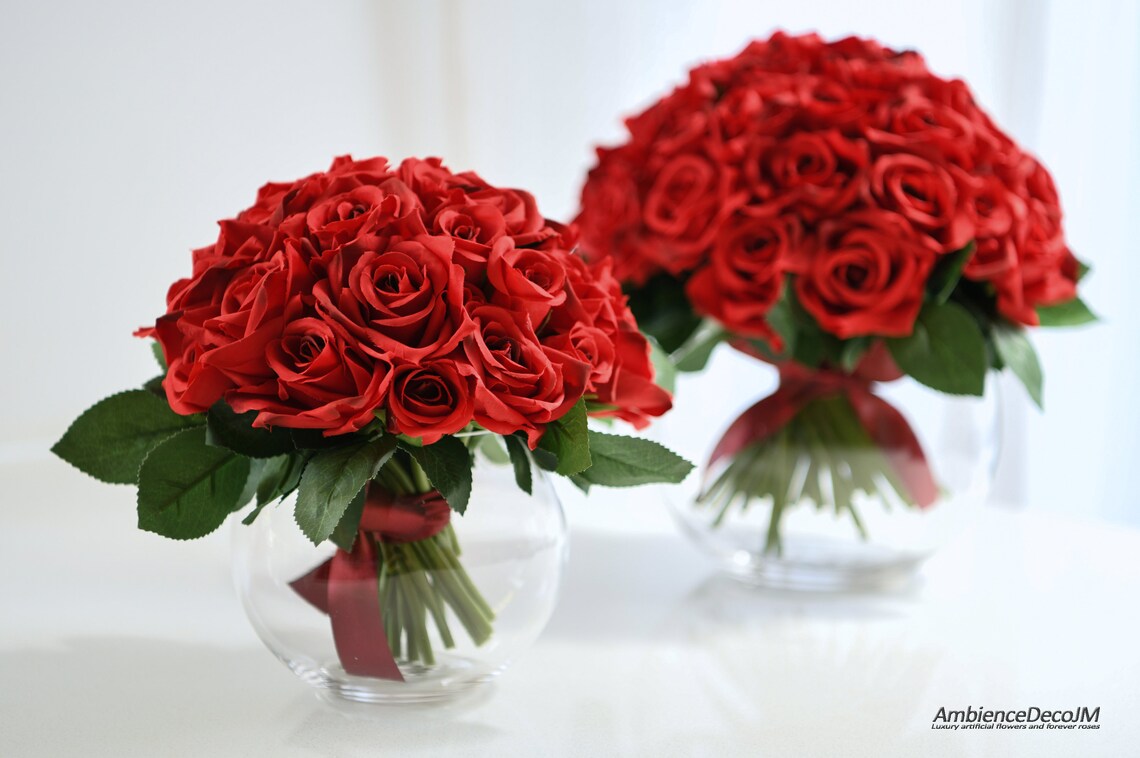 Red Flower Centerpiece / Silk Rose Arrangement /artificial Etsy