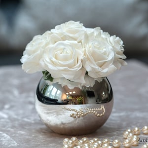 Real touch rose arrangement in fishbowl Lifelike rose arrangement Luxury artificial roses in glass bowl vase