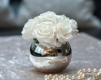 Real Touch Rose Arrangement: Cream White Roses in Mercury Silver Fishbowl Vase