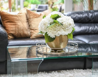 Realistic hydrangeas in a gold vase -  REAL TOUCH Hydrangea arrangement