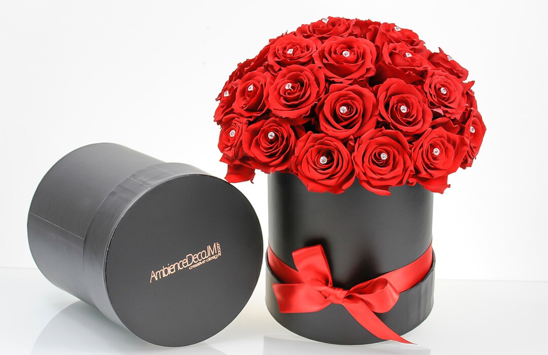 Red Preserved Roses Box Red Preserved Roses in Hat Box: Everlasting Flower Arrangement - Etsy