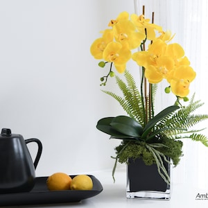 Yellow Orchid Centerpiece: Real Touch Phalaenopsis in Black Cube Vase