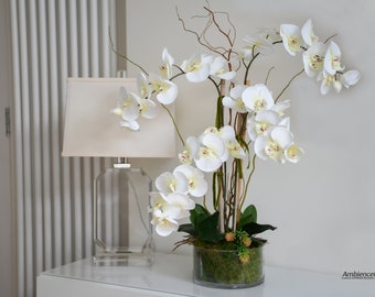 May include: A white orchid plant in a clear glass vase with moss and greenery. The vase is sitting on a white table next to a white lamp with a white lampshade.