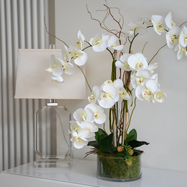 Silk orchids in a glass dish - Faux orchid arrangement