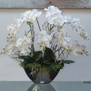 Luxury Silk Orchid Centerpiece: Mirrored Boat Vase, Faux Floral Arrangement