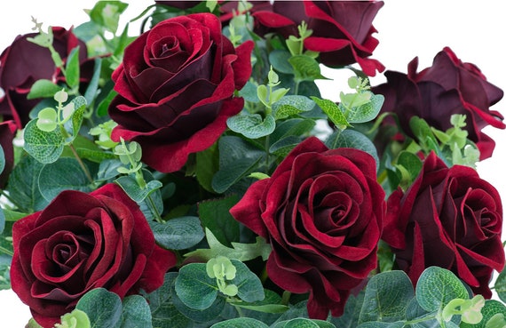 Composizione Di Rose Artificiali In Vaso Con Acqua Sintetica – 3 Rose Rosse In Seta, Vaso Di Vetro, Decorazione Tavolo - 3