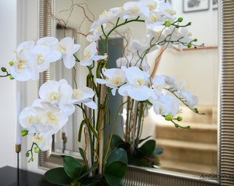 Arreglo de orquídeas artificiales para mesa consola Orquídeas artificiales  en un recipiente de vidrio Orquídeas blancas artificiales con sauce rizado  -  México