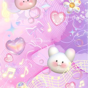 Peut inclure: Un graphique numérique présentant un fond dégradé rose et violet avec des lignes ondulées, des notes de musique, des cœurs translucides, des bulles et des fleurs. Deux têtes de lapin sont présentes, une rose avec un nœud violet et une blanche.
