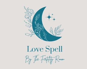 May include: Teal blue crescent moon with stylized floral designs and stars, with the text "Love Spell By The Fertility Room" below.