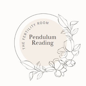 May include: A white circle with the text "The Fertility Room" and "Pendulum Reading" inside. The circle is surrounded by a floral design with leaves and flowers.