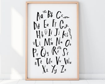 May include: Black and white alphabet poster with hand-drawn letters and small illustrations. The letters are in uppercase and lowercase. The illustrations include a plane, a car, an ice cream cone, a kite, a light bulb, a crown, a rainbow, a tree, and a flower.